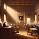 A historically-themed image, representing the year 1800 in America. Depict an unoccupied congress room with wooden desks and chairs. A sealed envelope rest at each desk, symbolizing the electoral votes. Two vacant chairs are highlighted under a subtly brighter beam of light, hinting at the clash between two identities -- symbolizing Thomas Jefferson and Aaron Burr. Add to this, a minimalist portrait of President John Adams, bearing an expression of disagreement, hanging on the wall. Finally, a crowd of citizens seen through the window, indicating the public participation in the voting process. Ensure the painting style aligns with the traditional artwork of the early 19th century.