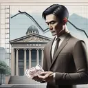 A middle-aged Asian man, presumably Mr. Chen, standing in front of a grand bank building. In his hand, he is holding a handful of banknotes, symbolizing the amount he's about to deposit. Behind him, there's a large descending bar graph displaying a decline from 3.75% to 3.5%, symbolizing the decrease in the bank's annual interest rate. Furthermore, visualize a pile of 50 banknotes to symbolize the decrease in Mr. Chen's interest. There's a sense of contemplation in Mr. Chen's demeanor, reflecting his financial decision-making process. Use a realistic style for this image.