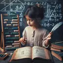 Create a visually appealing image that complements a mathematical problem. The scene should show a young girl, of South Asian descent, lost in thought, tinkering with an abacus in one hand while a quill rests on the other. There's an open vintage book with non-readable script and numerical sketches suggesting that she's solving a number based problem. A chalkboard in the background with non-readable mathematical diagrams emphasizes the educational setting. No text should be in the image.