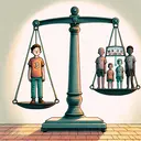 An illustrative scene showing a balance scale, used to indicate weight comparison. On one side of the scale, visualize three distinct figures, all of them boys, indicating their collective weight. A line indicating 53 pounds is depicted to represent the average weight. Each boy is depicted differently: one with curly hair, one with straight hair, and one with no hair, to convey diversity in their appearances. The figure stands on a floor where the scale reads 'no less than 51 pounds'. On the other side of the scale, leave it empty to hint at the mystery of the maximum possible weight.
