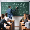 Create an image showing a typical scene from a finance class. The scene showcases a Caucasian male teacher holding a piece of chalk in front of a green chalkboard. He's writing down an equation related to calculating simple interest but the text is blurred. There are students of various descents and genders sitting at wooden desks, focused on the board. In the background, there are academic posters related to maths and finance. Please remember to not include any readable text in the image.