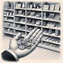 An image depicts a hand holding a nickel, a dime, a quarter, and a fifty-cent piece. The scene transitions to a shop with a clerk who displays a variety of articles with different price tags. Each item is unique in nature and we see the prices vary so that each of them could be purchased with the coins in hand, without needing to receive change back. The items displayed range from small toys, stationery items, candy bars to small accessories. Note that the actual price tags or the question text is not visible in the image.