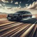 Create an image of a large luxurious vehicle, possibly a sedan or a limousine, painted in a rich black color. Make it appear to be in motion, with blurred surroundings suggesting high speed. The background should be an open road barren landscape on a bright sunny day. As the car comes to a halt, illustrate the dramatic effect of the quick stop by highlighting brake lines along the road. Ensure the entire scene is without text.