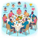 Please illustrate a scenario showcasing a group of diverse individuals gathered around a dining table filled with various types of food. Show them in various states of eating, as if they are influenced by different factors such as peer pressure, environment, time, and emotions. Specifically, one individual should be depicted as overwhelmed by their emotions whilst eating. Avoid any textual elements within the image. The image needs to articulate the influence these factors have over individuals' eating behaviors when in company.