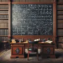 Create a scene depicting an intricate scientific study environment featuring multiple equations written in chalk on a large, old-fashioned blackboard. Among the various scientific formulas, highlight one particular equation: En = -Z^2RH/n^2. Make sure no texts or words are visible, only mathematical expressions. The blackboard is surrounded by vintage mahogany furniture including a traditional academic's desk and chair. Nearby, there are densely packed bookshelves filled with volumes of scientific literature, and a tall floor lamp with a warm glow illuminates the scene, adding depth and coziness.