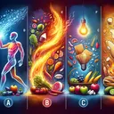 Create a conceptual scene showing a representation of nutrients being broken down and the energy released, in a visually appealing style. Make sure to include a separate smaller images next to this showing different concepts, labeled A,B,C and D. For label 'A' depict a dynamic, active body signifying metabolism. For 'B', illustrate vivid flames or a light bulb symbolising energy and calories. For 'C', include a variety of fruits and vegetables to represent nutrients. And for 'D', depict a loaf of bread or a pasta bowl representing carbohydrates. Ensure the image contains no text.
