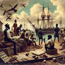 Create an intriguing scene from 19th century Maryland showing the everyday life of a young African American male in 1838, emphasizing his circumstances as he prepares for a life-changing journey. Include elements suggestive of a shipyard and indications of social reform. The image should be able to depict the historical atmosphere and the struggle for freedom, but it should not contain any text or recognizable individuals.
