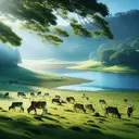 A scene capturing a serene pastoral setting, with a herd of cows placidly grazing on the verdant grass of a lush field. In the background, a tranquil lake shimmers under the gentle touch of the sun's rays, reflecting the blue of the sky and enhancing the overall beauty of the landscape.