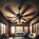 Generate an image of a rustic ceiling fan in motion. It should be spinning at a moderate speed, with the blurred motion of the blades illustrating this speed. The setting is a living room with a high ceiling. The room should be bathed in warm, ambient sunlight drifting in through the semi-open blinds of a sizable window. The fan is the centerpiece of the image, capturing the viewer's focus and drawing attention to its rotational speed. Remember, this image should not contain any text.