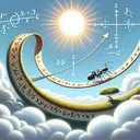 An idyllic depiction of an ant diligently traversing a curly path, symbolic of the mathematical curve x^2+xy+y^2=19. The gleaming sun is up in the sky with fluffs of white clouds drifting lazily. On the side, a large arrow indicating the right direction, reminiscent of a side-view compass, shows the ant's speed as 3 centimeters/second. Moreover, there's a point on the path marked to represent the coordinate (2,3). Nevertheless, keeping the overall atmosphere serene, there's no text in the image.