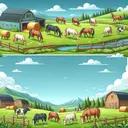 Craft a charming, peaceful rural landscape scene showing a farm owned by a man named Mac. The image should contain exactly 18 horses and 27 cows scattered across the green pastures, grazing under a bright blue sky. The farm should also have a rustic barn, a hay bale, and a wooden fence bordering the property. The animals and other elements should be scattered in a way that maintains the balance and appeal of the scene. Remember to not include any text in the image.