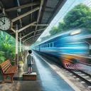 Create a scene depicting a child standing on a railway platform. The age and gender of the child are unspecified. A train, embodying modern design elements and painted a striking electric blue, blurs by, capturing its fast movement with an impression of velocity. The platform is typical of a small-town station, with a classic wooden bench and a vintage clock hanging, indicating noon. There is lush, green foliage framing the background of the train platform creating a serene atmosphere. The visual representation of the train's length remains abstract, offering no clear answer to the mathematical question posed.