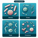 Create an informative image showcasing the four types of microorganisms: bacteria, viruses, fungi, and protozoans. Each type should be distinctly represented but no text should be included in the image. The overall feel should be related to health and disease. Since the aim is to stimulate scientific curiosity, make sure the representation of these life forms is appealing rather than scary.