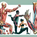 Create an educational illustration showcasing the human muscular system. The image should depict a cross-section of a skeletal muscle attached to a bone via tendons, highlighting its strength and ability to contract, lengthen, and move. In the foreground, add two individuals engaging in a proper warm-up session, displaying stretching exercises, followed by a cool down routine. The individuals should be of South Asian and Black descent respectively, one female and one male.