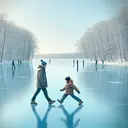 Visualize a serene scene of a frozen lake with a glossy surface reflecting the naked trees and a pale blue sky. Two boys, one Asian and one Caucasian, stand there geared up in warm winter clothing. The boys are trying their balance, standing side by side. The Asian boy, slightly smaller and lighter, is in the motion of pushing the taller and heavier Caucasian boy with a noticeable force. Keep in mind, there's no mathematical expressions, no explicit indication of physics concepts such as friction coefficients or forces, and no text at all in the image.