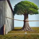 Visually illustrate the scene of a mathematical problem. Show a length of rope that is stretched from the top edge of a rustic concrete building to a wooden stake in the ground. The head of the stake is at level with the natural, grassy ground. Visualize an imposing tree with a sturdy trunk and lush leaves that's situated halfway between the stake and the building. The tree exactly touches the midpoint of the stretched rope. Depict the tree to be 38 feet tall, represented proportional to the other elements in the scene, but do not include any text or numerical values in the image.