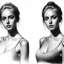 Create a black and white sketch of a woman portrayed realistically, demonstrating a strong use of proportion and shading. Make sure the figure appears as still and calm, without any hint of movement. No external color or texture should be applied to the image.