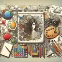 A conceptual image to visualize an artist's portfolio. It includes an artist's sketchbook, color palette, brush, and easel, with numerous illustrations that the artist likes to draw most, emphasizing the uniqueness of their style. Different types of artwork are scattered around, including pencil drawings, watercolor paintings, and abstract experiments. The setting implies a creative and artistic atmosphere without any written text.