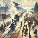 Create a visual interpretation of an Impressionist-style railway scene, reminiscent of the late 19th century, without including any text. Show a sense of time and place, a careful attention to light effects, and an emphasis on capturing spontaneous, everyday moments of human experience. Include key elements such as a train, smoke, passengers waiting, and an airy, broad landscape in the background. Please use a bright color palette filled with light and shadow, avoiding any dark color themes. Do not incorporate any formal portraits into the scene.