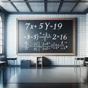 Generate an image of a clean, well-lit classroom setting. The scene includes a large chalkboard on one side of the room. On the chalkboard, there are two mathematical equations visibly written with white chalk: '7x + 5y = 19' on top and '-7x - 2y = -16' below. Below the equations, four distinct chalk marks indicate the methods: graphing, substitution, elimination, and distributive. The chalkboard is surrounded by a tangible aura of curiosity and the excitement of learning. Note: The image should not contain any text other than what's on the chalkboard.
