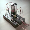 Generate an image of an electrical experiment setup. In the center, there should be a battery that has a glossy exterior and is labeled as 6 volts. Connected to this battery through thin, metallic wires, we see a single pole single throw switch that's currently in a closed position. Further along the circuit, there is a 2.6 ohm resistor, identifiable by the colored bands on its cylindrical body. The background is a clean, lightly textured wooden table. Please note: no text should be included in this image.