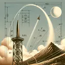 Create a detailed illustration demonstrating a physics concept. The image should portray the scenario of a projectile being launched upward from a high platform. The platform is elevated 960 feet above ground level, and the projectile is launched with an initial velocity of 64 ft/s. The projectile's path should trace an arc in the sky, representing its trajectory influenced by gravity. Make sure to depict objects to scale, but do not include any text or numbers in the image.