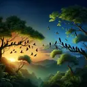 An enticing image of a tranquil morning scene just before sunrise. At the heart of the scene are a variety of birds perched on tree branches filled with lush green leaves. The sky subtly transitions from dark blue at one edge, indicative of the fading night, to a radiant orange-gold on the other side, marking the onset of a new day. The birds are animated as if they are chirping audibly, spreading the dawn chorus around the serene natural landscape. The image is devoid of any text.