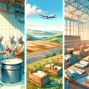 Create an image divided into three sections. On the left section, illustrate an animated scene of the cheese-making process in a rural setting, showing aged cheesemakers curdling milk in a large vat. In the middle section, depict an unfurnished open land with surveyors planning and a signboard indicating an upcoming airport development. In the rightmost section, portray a serene and tranquil library with people deeply engrossed in their readings. All these scenes should be void of any text.