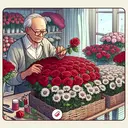 Visualize a quaint flower shop owned by an elderly, Asian man who's known as Mr. Adams. He's meticulously arranging a large order of flowers. The main focus of the scene is a three plentiful stacks of roses that significantly dominate in size over a single stack of daisies. There are visibly 56 flowers in total. Highlights in the scene are the beautifully blooming red roses and white daisies - a testament to Mr. Adams' expertise in his flower business.