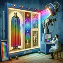 Create an image showing a scientist using multi-spectral analysis equipment studying a large artwork. The equipment has different colored lights representing various spectrum bands inundating the artwork, showcasing details not visible to the naked eye. It also contrasts an X-ray machine in the corner looking limited and outdated. Do remember that the image should not contain any text.