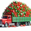 A festive scene of a large delivery truck overflowing with a variety of peppers. The truck's cargo bed is filled to the brim with a mixture of shiny red and green peppers arranged in piles or stacks, with the ratio being three parts red to four parts green. Among the pile, exactly 120 green peppers can be clearly seen. This vibrant image does not contain any text.