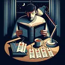 A cozy, quiet, nighttime reading scene. Depict a man named George, who's of Caucasian descent, deeply engrossed in reading a hardcover book that has 27 chapters under the soft light of a table lamp. On a small round table sits a hot mug of tea and three bookmarks: one marking the start of the book, one marking the first night's reading progress at chapter 3, and the third marking the current progress 8/27th into the book, as per his second night's reading. The images should reflect calmness and a love for reading without containing any text.