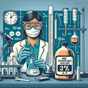 Create an image depicting the process of laboratory preparation. The scene should include a lab bench with pH measurement tools, a 100 mL volume measuring container, a high concentration hydrochloric acid bottle labeled as 37% (w/w), with a specific gravity of 1.18 noted. Include safety gloves and goggles being used by a South Asian female chemist. This visualization does not contain any text.