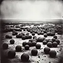 A striking visual representation of a barren landscape filled with scattered cannonballs, reminiscent of Roger Fenton's photographic aesthetic from the mid 19th Century. The composition emphasizes desolation and the destructive power of war. There should be a stark contrast between the dominating empty space and dark round shapes of cannonballs, symbolizing the heavy air of loss and sacrifice. No human figures or text should be present, allowing the viewer to imagine the missing, unseen casualties. Extrapolated from the era's photography, the image should maintain a monochromatic palette in order to mimic the absence of color in the original photograph.