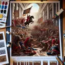 Create a composition reflecting Antonio Colantonio's approach in his depiction of military triumph in 'Alexander the Great and His Conquest of Asia'. Consider including joyous soldiers celebrating their victory, a strong protagonist subduing his opponent, sturdy soldiers preparing for a fight and enthused warriors charging with their weapons raised. Follow this up with an intricate scene of a fabric artist engrossed in the creation of ornate banners designed to be paraded in war. Lastly, visualize a scene of a photojournalist sorting through a plethora of images summing up two years of conflict in the Middle East.