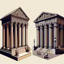 Generate an image capturing the essence of Greek architecture and its influence on American structures. Include a Greek temple with iconic columns and pediment, illustrating its rich historical weight. Nearby, show an American courthouse also exhibiting Greek architectural elements, symbolizing the quest for truth and knowledge. To represent optical illusions, create columns that subtly appear thicker at the bottom. Avoid incorporating any text within this image.