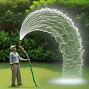 Generate an image of a natural scene in a garden. In the center, there is a middle-aged South Asian man who is a gardener. He is standing on a green lawn holding a gardening hose high above the ground at the height of 0.75 meters. It has a brass nozzle and from it, a stream of water is shooting out horizontally. The water then arcs downward due to gravity and hits the ground approximately 2 meters away from him. The water is splashing on the grass forming a small puddle. Make sure the image is detailed and does not contain any text.