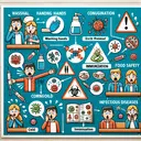 Draw an imaginative and engaging image showing educational elements related to health. The image should include symbols representing general hygiene practices such as washing hands, practicing food safety and immunization. Also, portray characters reacting to a contagious friend with caution to highlight the concept of spreading infectious diseases. Additionally, include depictions of iconography for viral and bacterial diseases including the common cold, strep throat, and influenza. Do not include any text in the image.