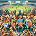 An illustrative and appealing image depicting a group of people of varying genders and descents having a fun time at a baseball game. They are all sitting in the audience seats, each of them clutching a bag of peanuts, with each bag clearly showing that it's 2/5 full. Around them, spectators are cheering, vendors are shouting, and on the field, a baseball game is in motion. There's also a few extra bags of peanuts lying on their laps or a nearby table, giving the notion that they could have bought less.