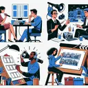 Create a vivid and attractive illustration that represents the process of creating a storyboard for a movie. Show four individuals of diverse descents and genders, engaging in the act of movie creation. Firstly, a Caucasian female screenwriter sitting at her desk lost in thought, a Middle-eastern male production designer intently studying a set model, a Black female director wielding a megaphone and pointing at some off-frame action, and lastly, a South Asian male graphic artist meticulously drawing a storyboard on a large sketchboard. Please keep in mind there should be no text within the given image.
