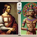 Create a visually appealing split-screen image depicting two contrasting art styles. On the left, render a detailed and elegantly presented seventeenth-century European portrait, reflective of Leonardo Da Vinci's style with accurate body proportions and use of muted colors like browns and greens. On the right, conceive an ancient Mexican portrait, possibly inspired by the Mesoamerican ballgame performer sculptures with bright primary colors and a focus on showing the spirit of the subject. Please ensure no text is included in the image.