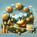 Create an image that communicates the concept of investment. It should be an aesthetically pleasing depiction of golden coins, a percentage symbol, a traditional piggy bank, and a calendar, all surrounded by a serene landscape. All elements should be in sync to reflect the idea of simple interest, and there should be no textual element in the image.
