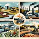 Create a thought-provoking image that helps to visualize and answer a historical question without using text. Include four elements representing potential sectors of post-war industry in South Carolina. 1) A symbol of tourism, possibly a landscape with a family visiting a popular site, 2) an emblem of agriculture, such as a southern plantation with fields of crops and a barn, 3) a symbolization of manufacturing, perhaps a factory with billowing smokestacks, and 4) a mining setting with hard-hatted workers at the entrance to a mine. Also, incorporate elements of newly constructed roads symbolizing infrastructure development.