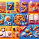 An appealing image that conveys the essence of a variety of mathematical principles related to permutations and combinations. The image should involve playful motifs related to the questions, such as pizzas with different toppings, a tray of desserts, a menu with 8 dishes, a collection of books, a baseball game, and a classroom setting for an election process. The image should be vibrant and engaging, effectively helping to visualize the different scenarios where understanding of permutations and combinations is required. It should construct an inviting scenario for the viewer, yet containing no text.