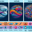 Generate an image illustrating three different types of substances affecting the brain and body. The first one should be represented as a slow-moving creature or wave, signifying drugs that slow brain and body activities. The second one should be depicted as a fast-moving entity, representing drugs that increase these activities. The third one should be illustrated as a colorful and overwhelming burst of visuals, representing drugs that overload the brain with sensory information. Lastly, incorporate symbols showing two opposing forces cancelling each other out and an easily accessible item to represent a legal drug obtainable without a prescription. Ensure the image does not contain any text.