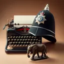Create a symbolic representation of irony in the context of George Orwell's 'Shooting an Elephant'. The image should include a classic typewriter suggestive of George Orwell's era, a British Empire-era policeman's helmet - hinting at the narrative's colonial setting, and a miniature elephant figurine indicating the central role the elephant plays in the story. Make sure the image communicates the ironic nuances of the narrative but contains no text.