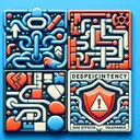 A creative and abstract representation of various elements associated with medication use. Picture four corners of the image each representing one element related to drug consumption: Dependency, Addiction, Side Effects, and Tolerance. Depict dependency as a thick unbroken chain, addiction as a maze with a challenging path, side effects as red warning icon, and tolerance as a shield. Make sure to keep the overall aesthetic appealing and engaging.