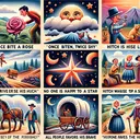 A picturesque scene related to proverbs. Include visuals related to following proverbs without any text in the image. It would contain: 1) A person touching a rose cautiously signifying 'Once bitten, twice shy', 2) A person standing under a cloud with a mixed expression for 'No one is happy all his life long', 3) A wagon with a star above it indicating 'Hitch your wagon to a star', 4) A brave individual climbing a mountain, symbolizing 'Fortune favors the brave' and 5) Different people, of various descents, each holding a piece of a pie, representing 'All people have the same share of happiness'.
