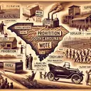 Create a conceptual representation referencing historic events in South Carolina. Include elements such as an old map, an abstract representation of farming, voting, an image of a traditional ballot box, an imagery indicating prohibition, child labor, a symbol for suffrage movement like a picket sign, and military bases indicative of World War 1 training. Additionally, incorporate elements representing mass production like factory assembly line and an old-fashioned car. Bear in mind to avoid any textual descriptions within the image - it should be a purely visual narrative.