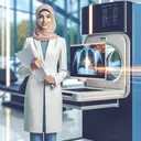 Create a detailed image of a professional female sales representative, possibly of Middle-Eastern descent, in a medical showroom. She is standing next to a modern digital x-ray machine that is the highlight of the scene. The ambience of the scene is dynamic and cheerful. To denote the sales aspect, depict her holding a small document that signifies a sales agreement, with a satisfied smile on her face. Remember to not include any text in the image.